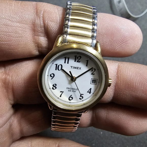 Timex Indiglo Ladies Quartz Watch Silver Gold Tone Date Just White Dial Working - Picture 4 of 9